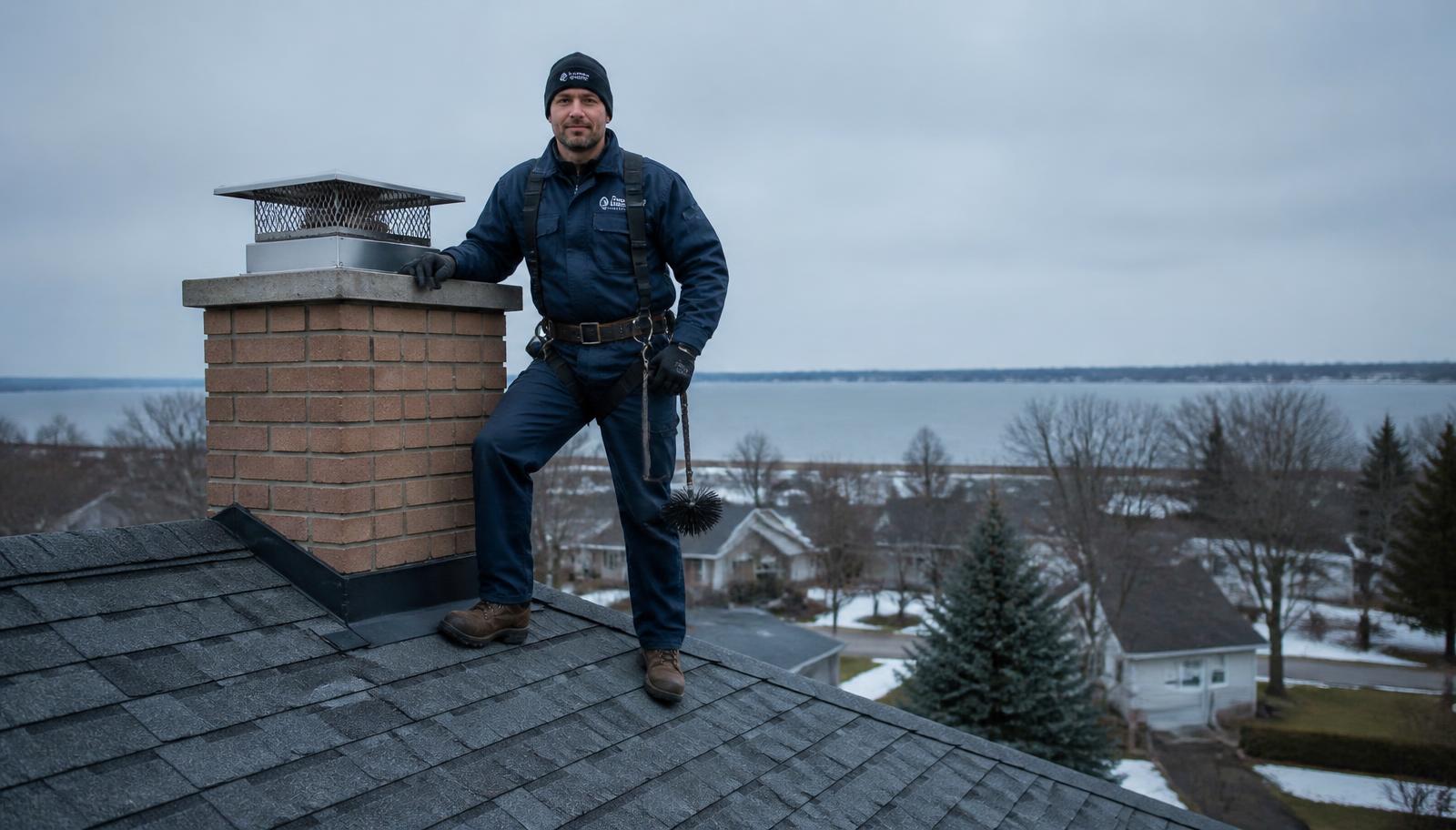 WETT-certified Oshawa Fireplaces & Chimney technician beside a brick chimney with a stainless cap on a Durham Region rooftop above Lake Ontario